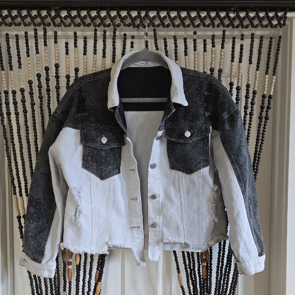 Black and White Destroyed Jean Jacket